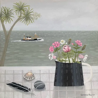 Newlyn Trawler and Pink Wild Flowers